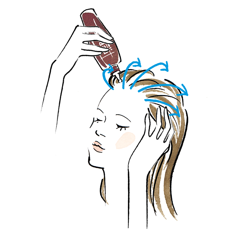 製薬会社の女性用育毛剤　三省製薬デルメッド　頭の地肌につけているイラスト真